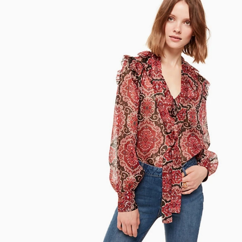 NEW Kate Spade Medallion Print Red Gold Metallic Silk Puff Long Sleeve Blouse SM